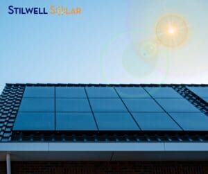Home solar panels being hit by bright sunlight.